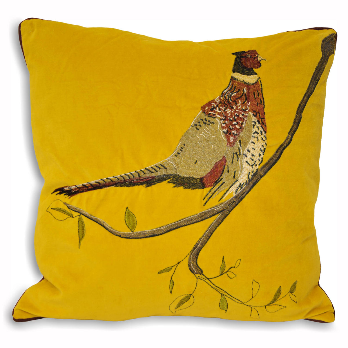 Hunter Velvet Kissenhülle mit Fasan-Motiv in Senfgelb / 45 x 45 cm