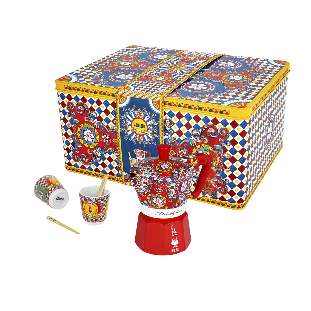 Bialetti Dolce&Gabbana Moka Express 2 Tassen in Geschenkdose mit 2 Espressobechern und Rührstäbchen