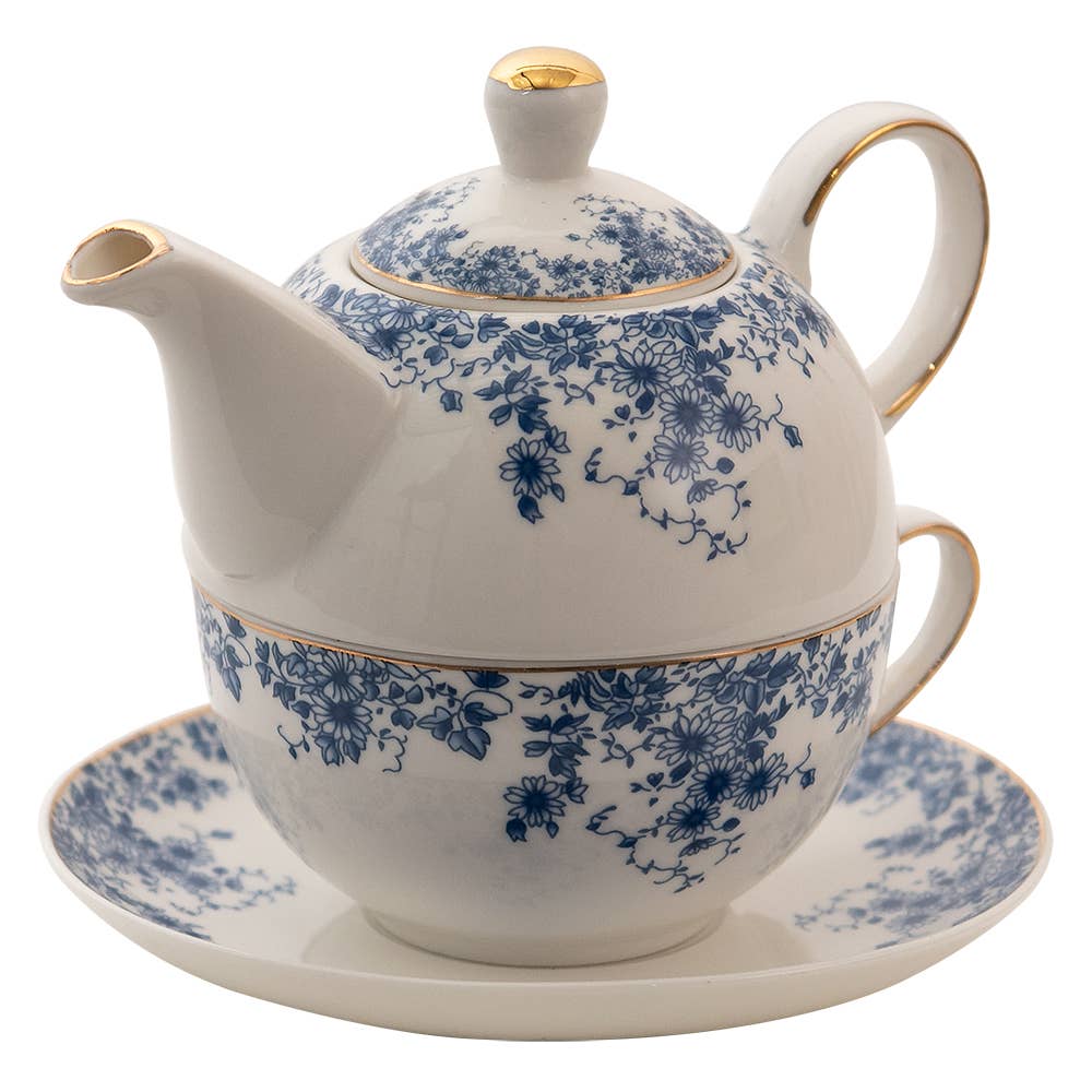 Tea for One Tee-Set mit blauen Porzellanblüten