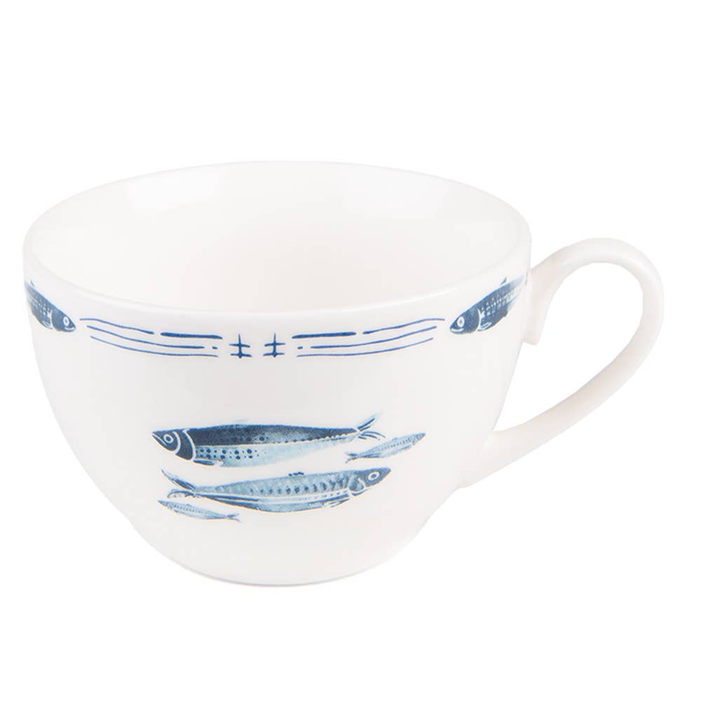 Tasse mit Untertasse, Weiß/Blaue Fische
