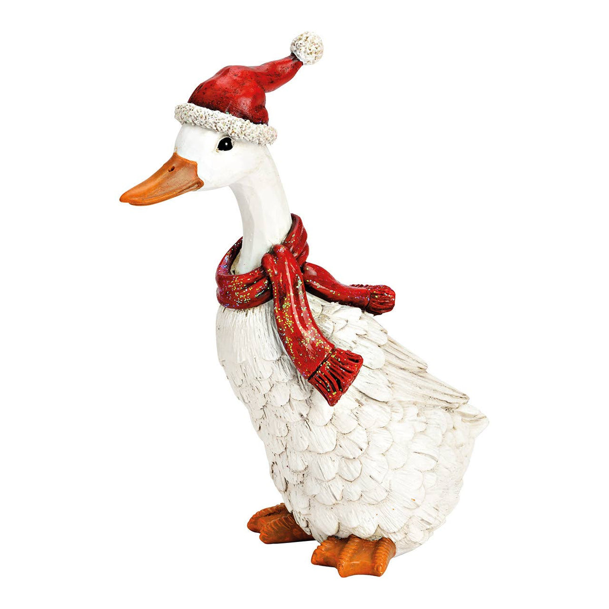 Dekorative Weihnachtsgans – Weiß mit roter Mütze & Schal