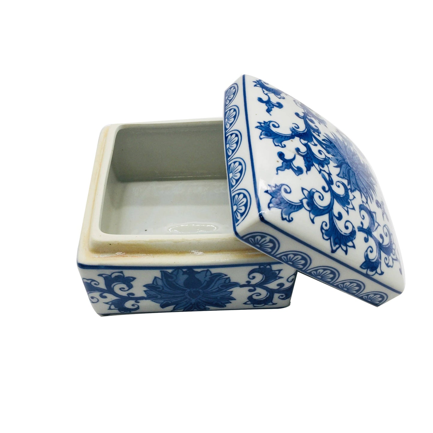 Quadratische Chino-Keramikbox Blau/Weiß