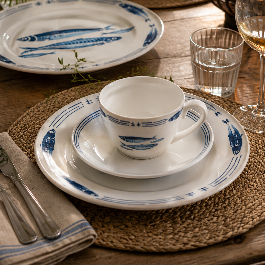 Tasse mit Untertasse, Weiß/Blaue Fische