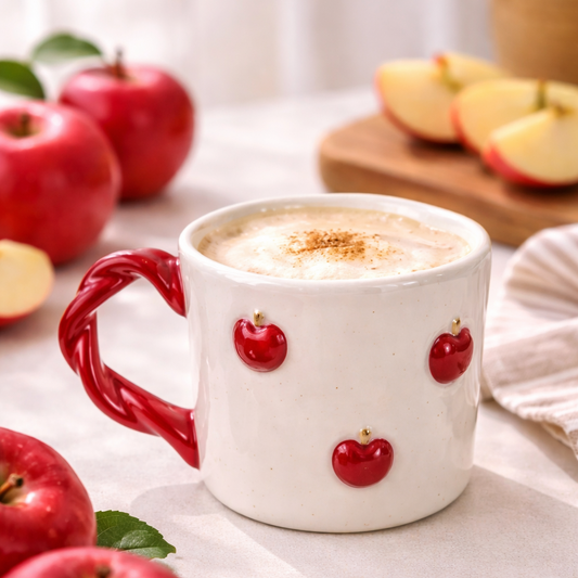 Beigefarbener Keramik-Teebecher mit  Äpfel