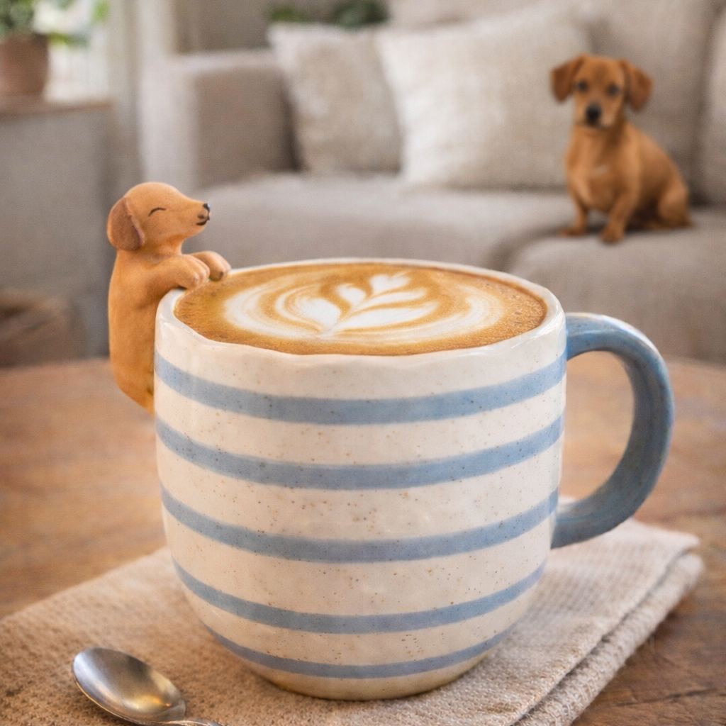 Becher mit spähendem Dackel