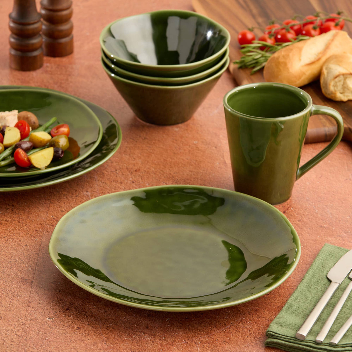 VERDE Steingut-Schalen Set – Olivgrün | ca. 650 ml