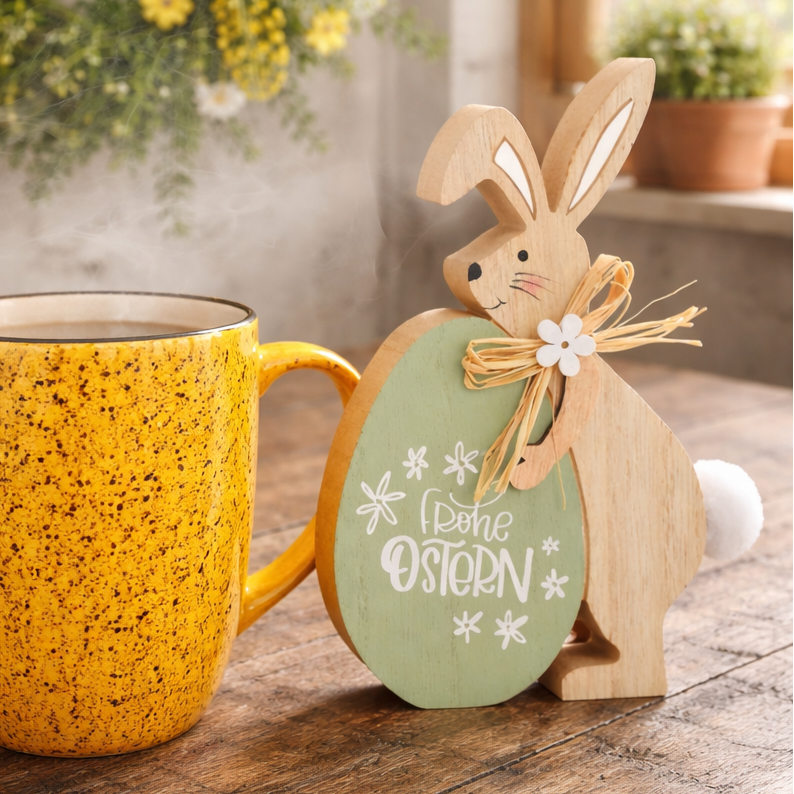 Aufsteller Hase mit Ei, Frohe Ostern, aus Holz