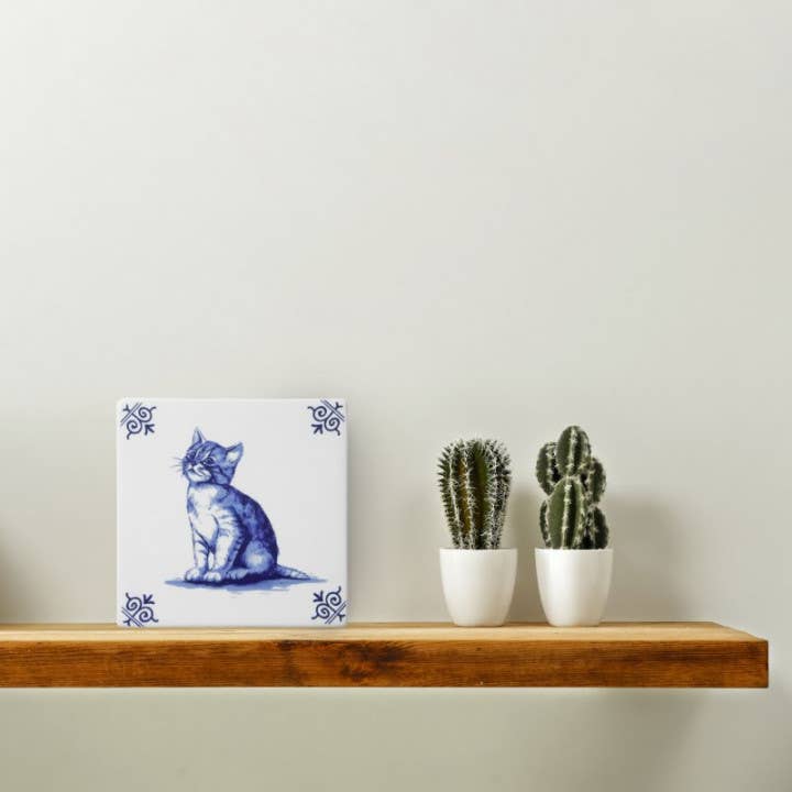 Fliese Katze - Delfter Blau - 13 cm