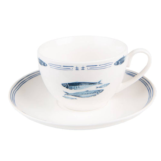 Tasse mit Untertasse, Weiß/Blaue Fische