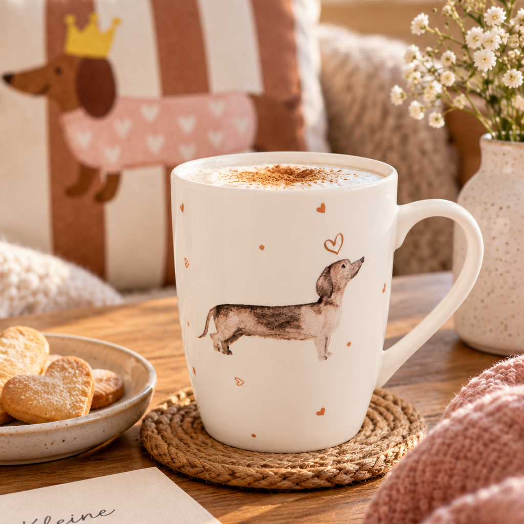 Becher mit beigebrauner Dackel