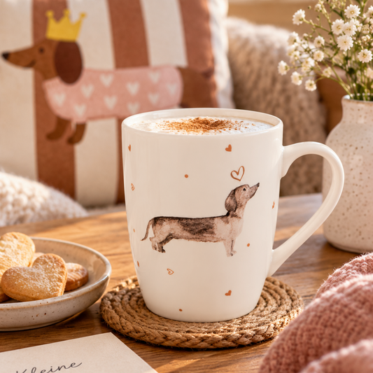 Becher mit beigebrauner Dackel