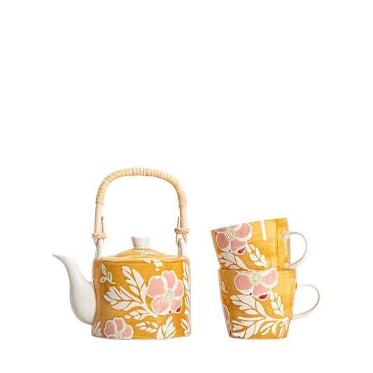 Teeset mit Blumenmuster – Senfgelb | 3-teilig