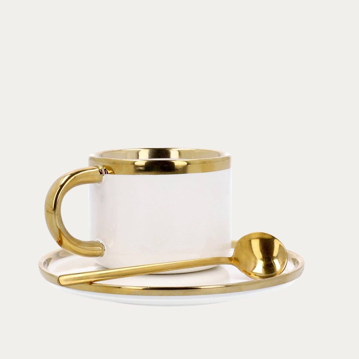 Porzellantasse mit Untertasse & Löffel – Weiß & Gold | 200 ml