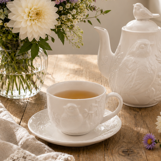 Teetassen- & Untertasse Hestia Blumen-Vogel-Relief