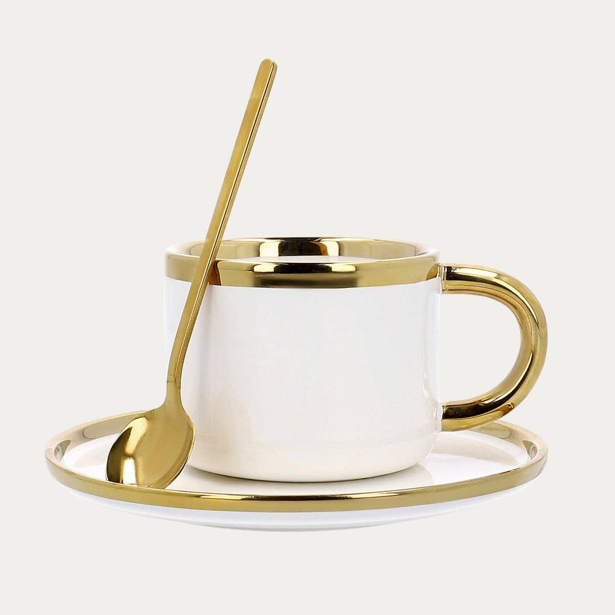 Porzellantasse mit Untertasse & Löffel – Weiß & Gold | 200 ml