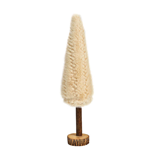 Deko-Tannenbaum mit Kunstfell – Beige auf Holzstamm