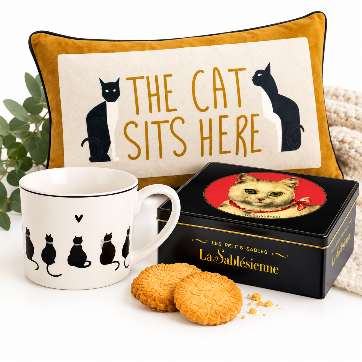 Geschenk-Bundle „NASCHKATZE“ – Kissen, Katzentasse & Schoko-Kekse 🐾🍪