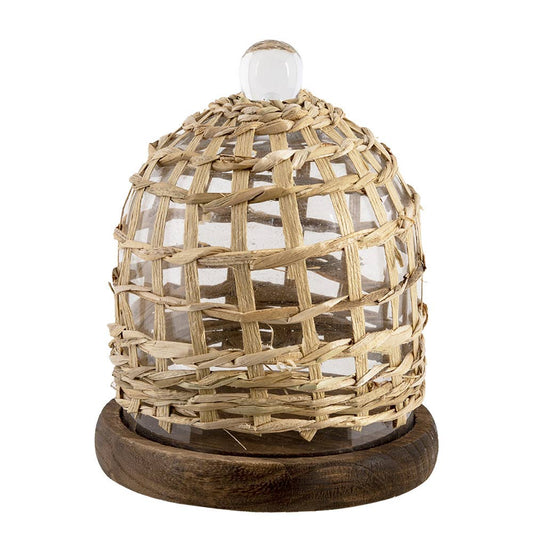 Cloche, Glasglocke auf braunem Holz
