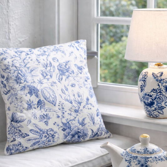 Tischlampe aus weiß-blauer Keramik