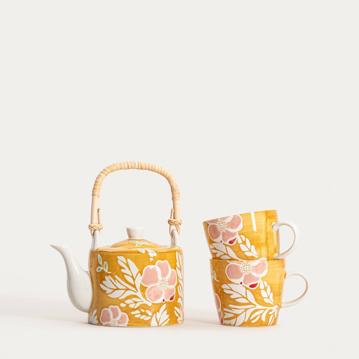 Teeset mit Blumenmuster – Senfgelb | 3-teilig