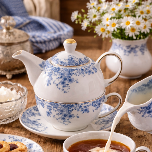Tea for One Tee-Set mit blauen Porzellanblüten