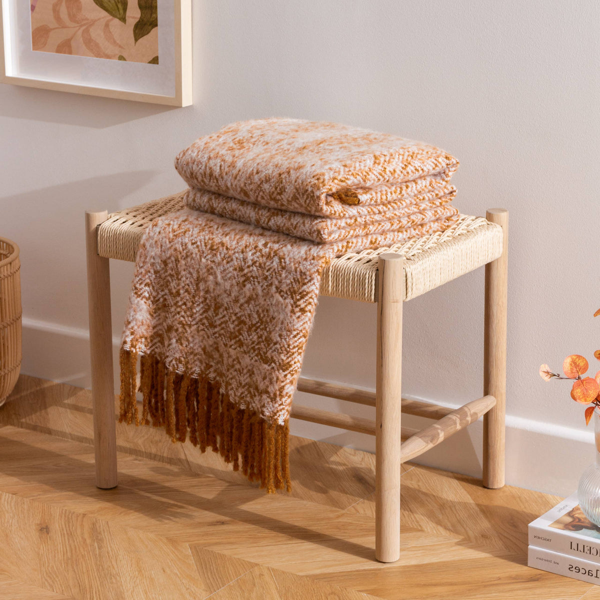 Riva Home Weaver Herringbone Plaid in Gold mit 10 cm Fransen/ 130 x 180 cm