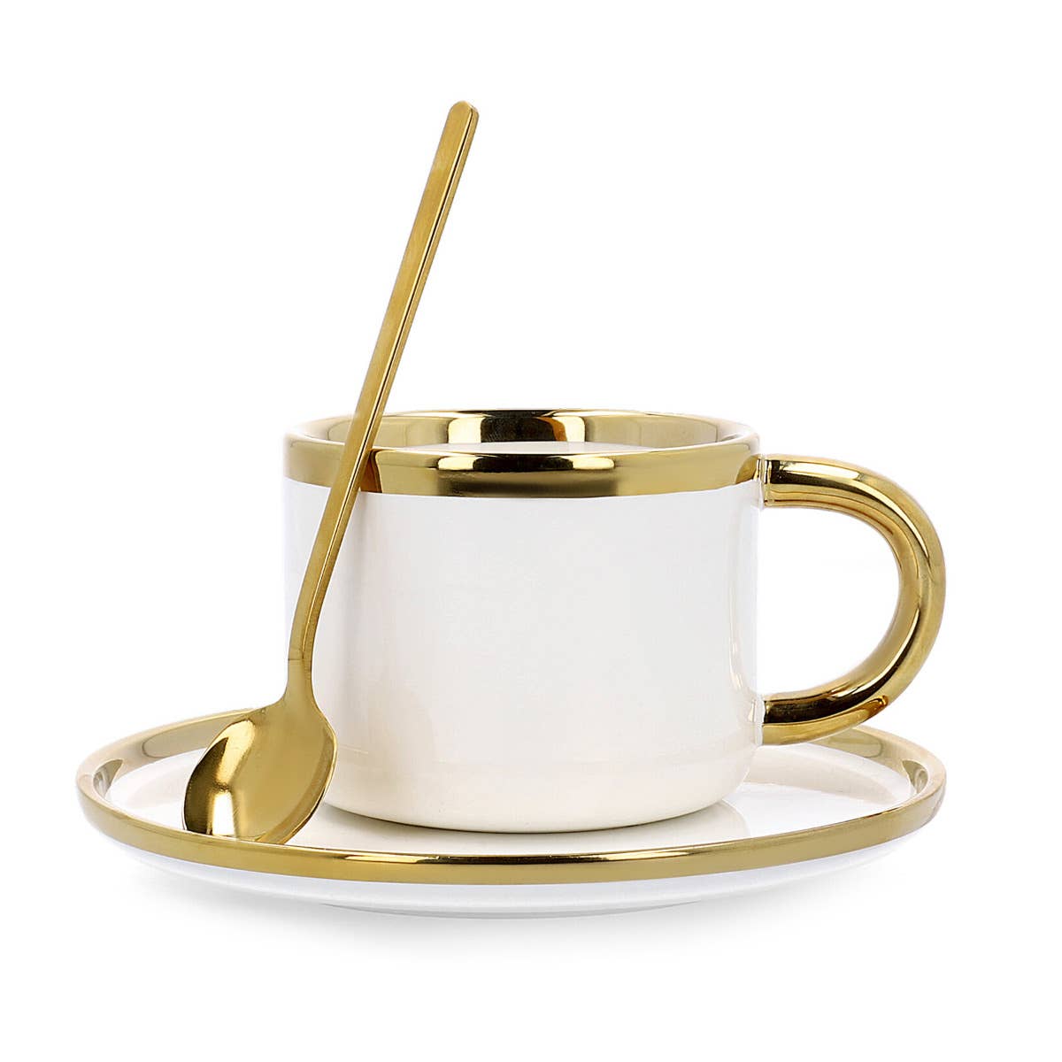 Porzellantasse mit Untertasse & Löffel – Weiß & Gold | 200 ml