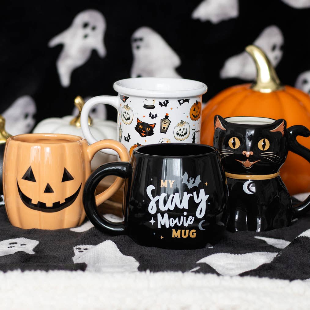 Halloween-Tasse mit gruseligem Katzen- und Kürbisdruck