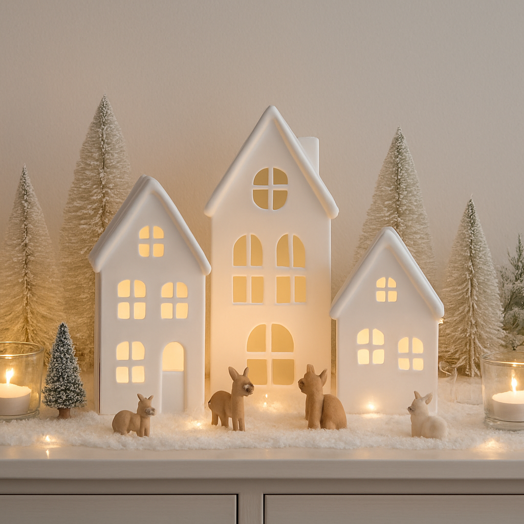 Winterdorf mit LED, weißes Porzellan