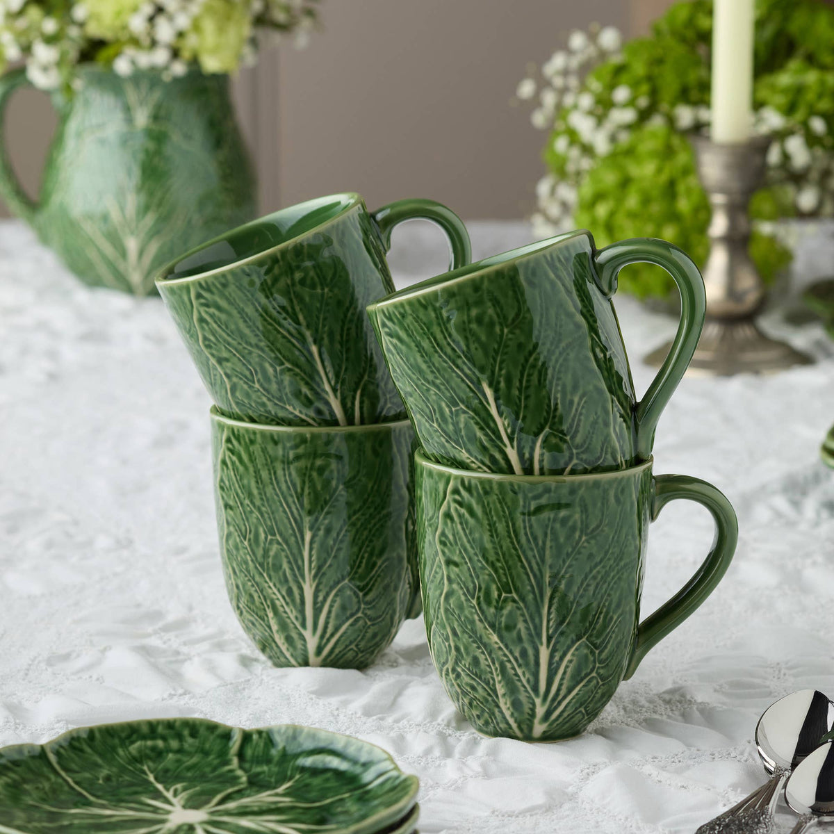 Le Jardin Green Cabbage Tassen – 4er-Set | 3-D Kohlblattdesign