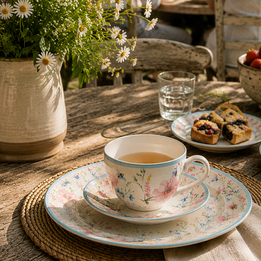 Gedeck aus Tasse mit Untertasse & Dessertteller ROSA