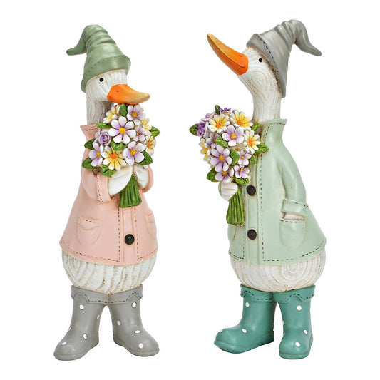 Entenpaar mit Blumenstrauß, Polyresin
