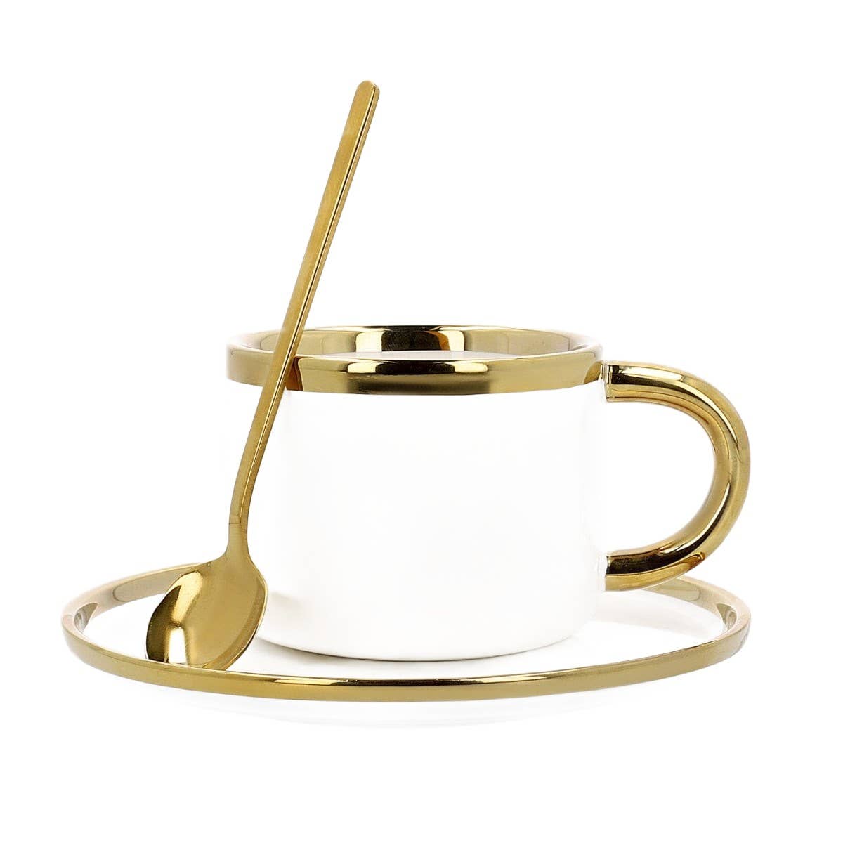 Porzellantasse mit Untertasse & Löffel – Weiß & Gold | 200 ml