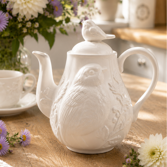 Teekanne mit Blumen und Vogelrelief