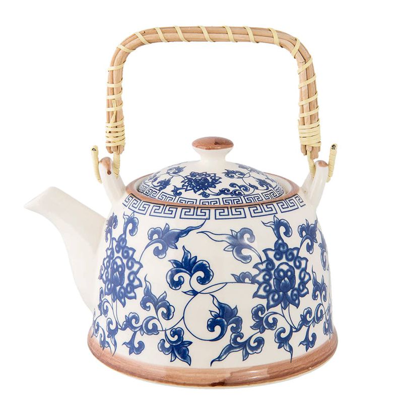 Teekanne mit Sieb,  Blaue Keramikblumen