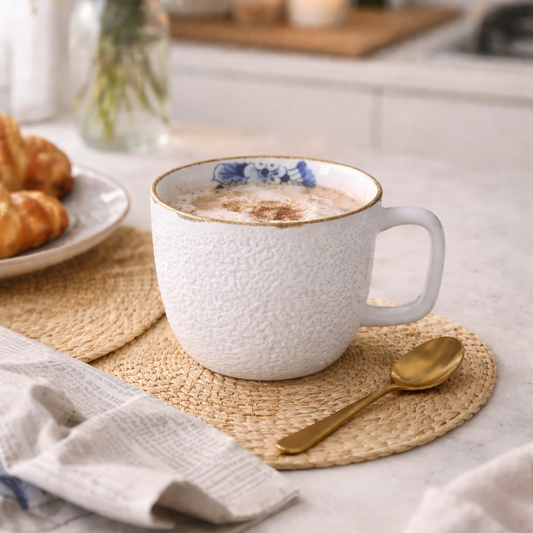 Blauer Blüten Becher mit Henkel
