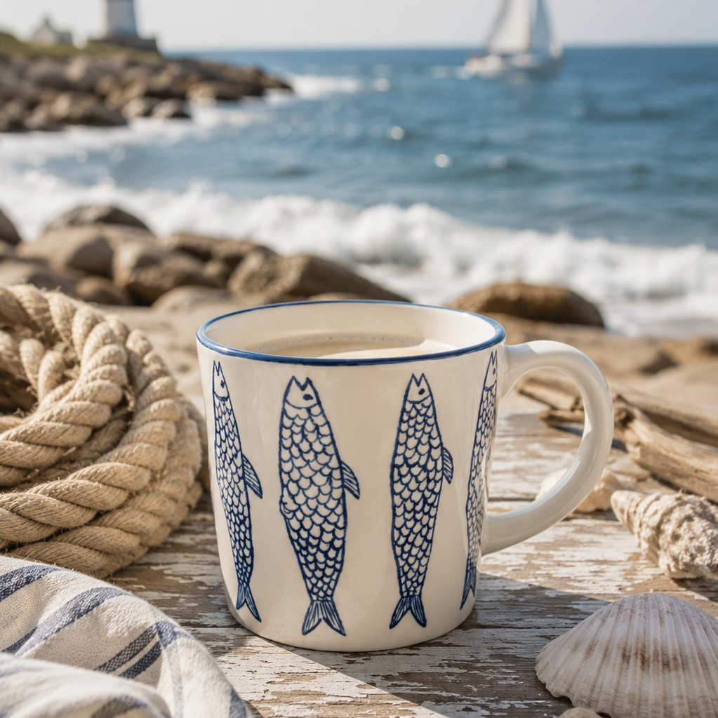 Keramikbecher mit Fischmotiven