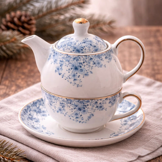 Tea for One Tee-Set mit blauen Porzellanblüten