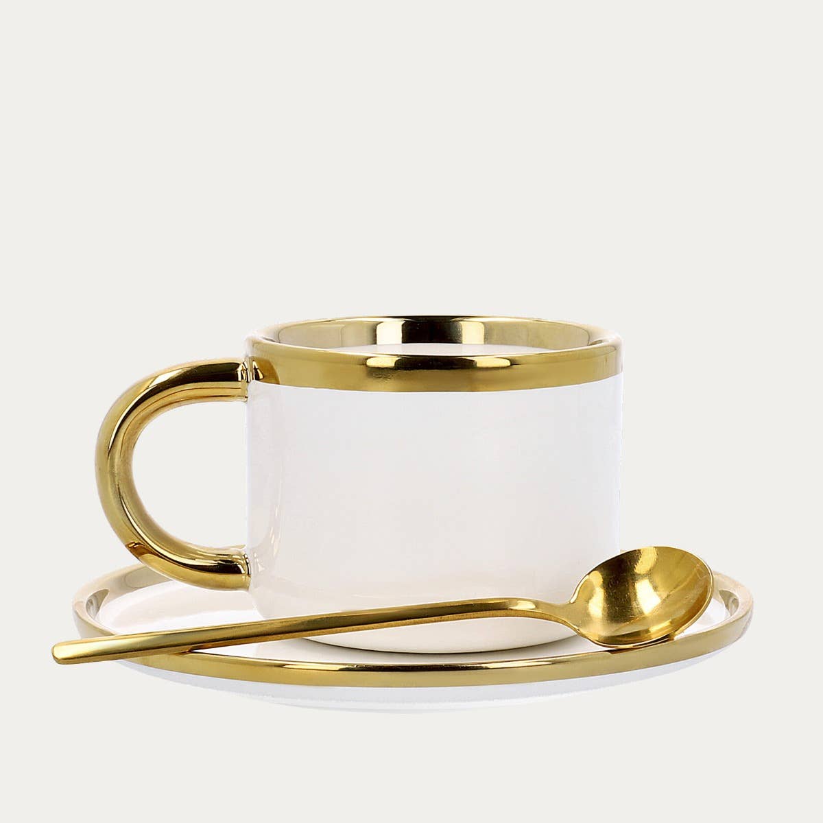 Porzellantasse mit Untertasse & Löffel – Weiß & Gold | 200 ml