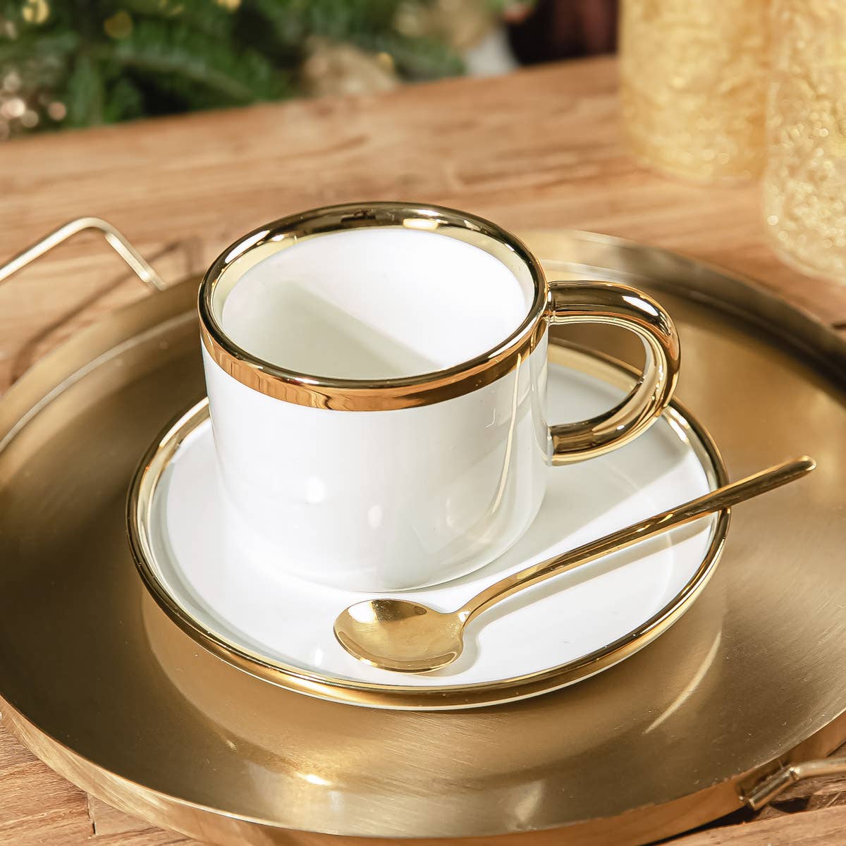 Porzellantasse mit Untertasse & Löffel – Weiß & Gold | 200 ml