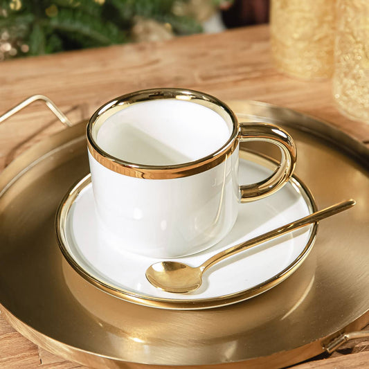 Porzellantasse mit Untertasse & Löffel – Weiß & Gold | 200 ml
