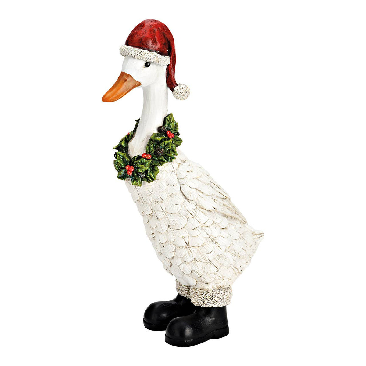 Dekorative Weihnachtsgans – Weiß mit roter Mütze & grünem Kranz