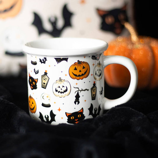 Halloween-Tasse mit gruseligem Katzen- und Kürbisdruck