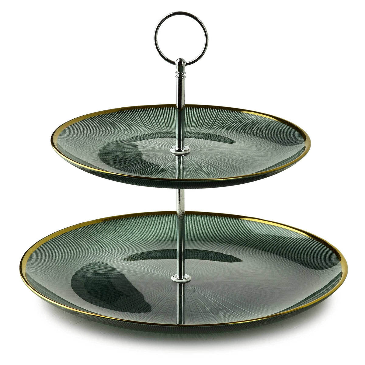 Glas-Etagere – Grün mit Goldrand | 2-stöckig Ø 21/27 cm