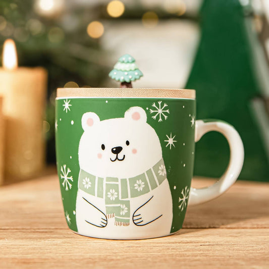 MOLDY Porzellanbecher mit Deckel – Teddybär & Tannenbaum | 300 ml
