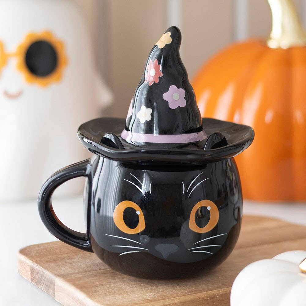 Groovy Hexenkatze Halloween-Tasse mit Deckel