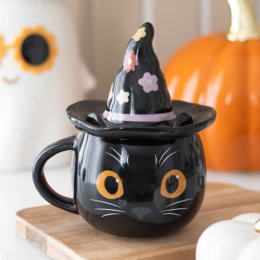 Groovy Hexenkatze Halloween-Tasse mit Deckel