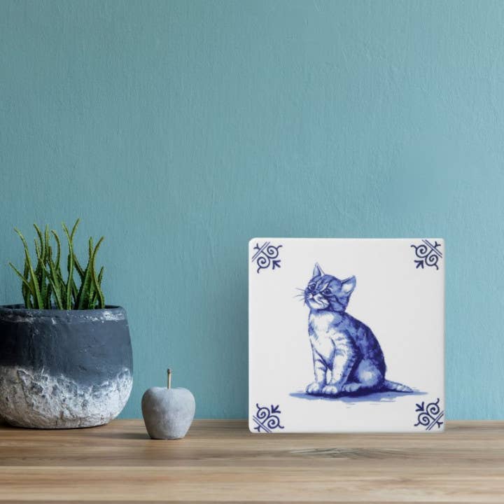 Fliese Katze - Delfter Blau - 13 cm