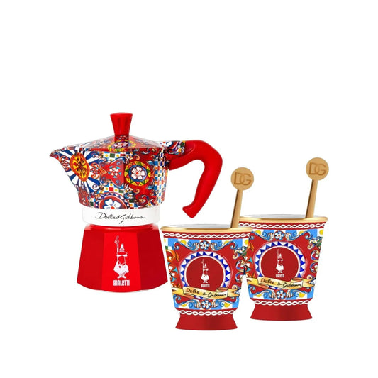 Bialetti Dolce&Gabbana Moka Express 2 Tassen in Geschenkdose mit 2 Espressobechern und Rührstäbchen