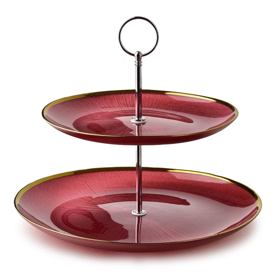 Glas-Etagere – Rot mit Goldrand | 2-stöckig